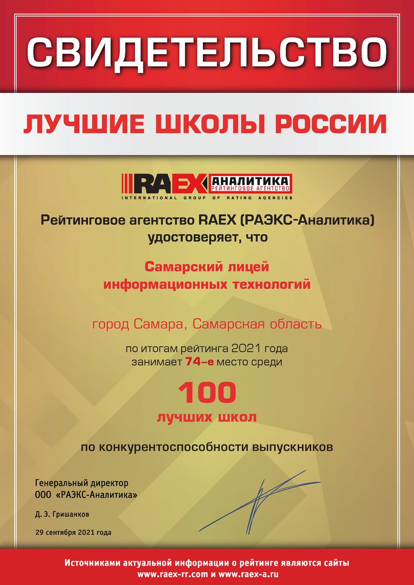 СамЛИТ одно из двух общеобразовательных учреждений Самарской области, вошедших в топ-100 лучших школ России по конкурентоспособности выпускников согласно исследованию, проведённому в 2021 году рейтинговым агентством RAEX (РАЭКС-Аналитика) raex-rr.com/education/scho…