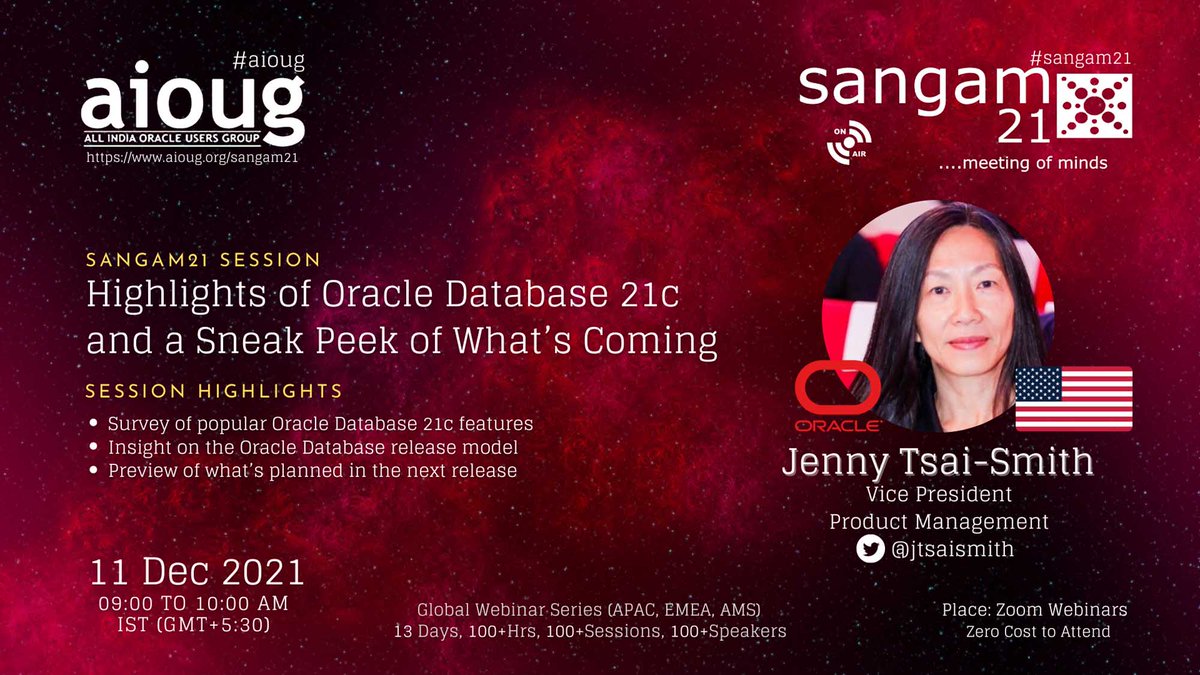 Hurry up! Ready, Set, Zoom! Grab your seat & Be on Time. The #sangam21 session 'Highlights of Oracle Database 21c and a Sneak Peek of What’s Coming' by Jenny TSai Smith @jtsaiamith starting soon. Join Us, Website Link https://t.co/GrUsYjIx2c  Zoom Link  https://t.co/k5WaNZjyf9 https://t.co/m6wTobyDNn