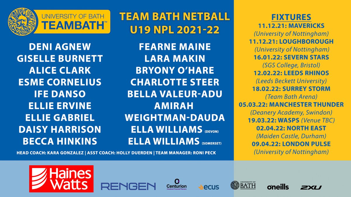 TeamBathNetball's tweet photo. The 2021-22 NPL season begins on Saturday for both the #BlueAndGold U19s and U21s with double-headers against Mavericks and Loughborough 🏐 

Here are the talented netballers from across the South West of England who will be proudly representing Team Bath's U19s this season 💙💛 https://t.co/p8wg7EyqLo