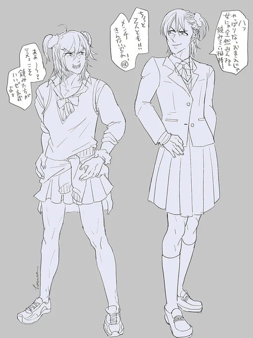 「勝者なき戦い」の女装勝負、玄武が我に返らなかったらのIFらくがき せめてもう少しかわいく描くことができたんじゃないかとちょっと申し訳ない気持ち…