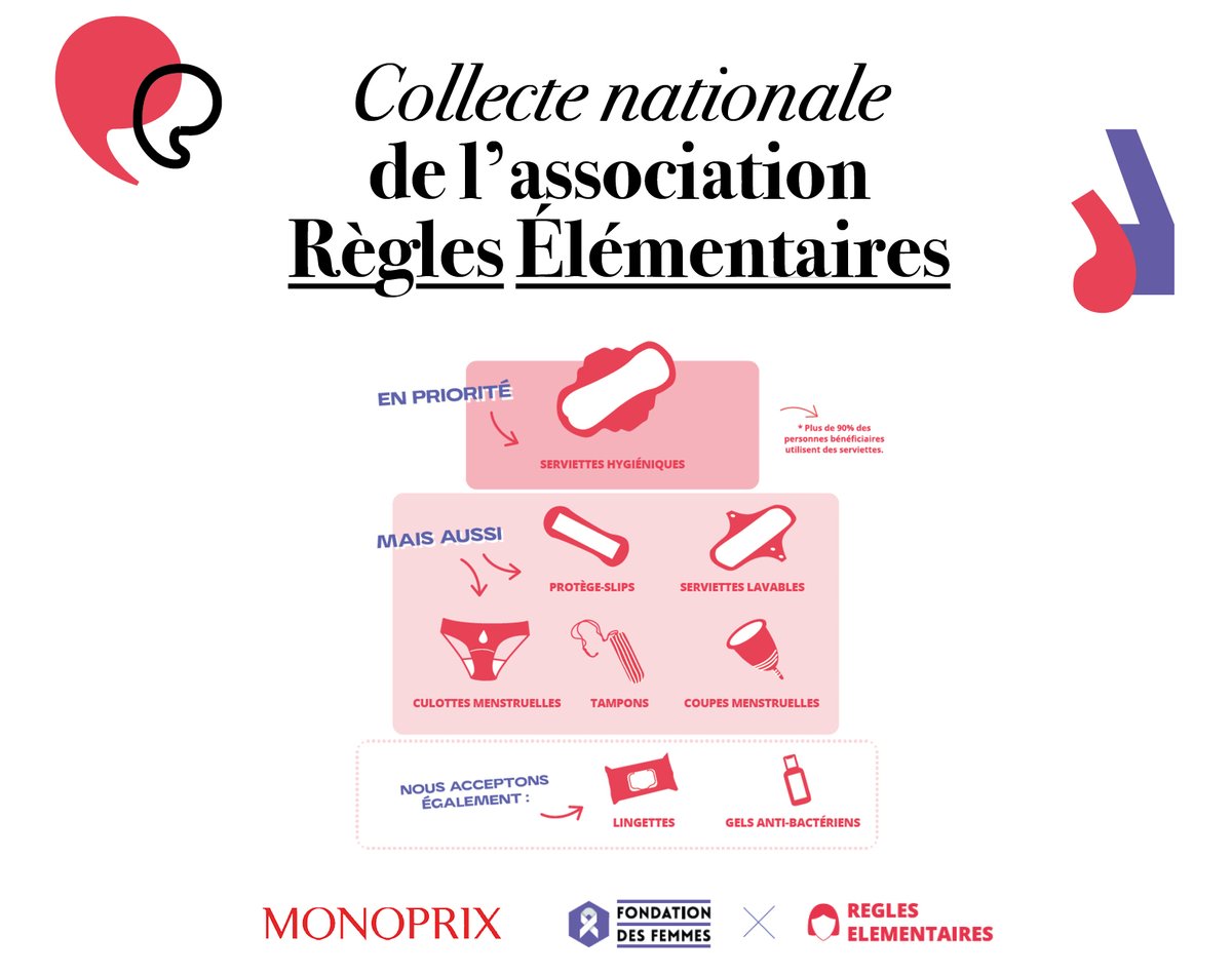 Les 10 et 11 décembre aura lieu dans 85 de nos magasins Monoprix et monop’, la 5ème édition #collectenationale de l’association @RElementaires avec la <a href="/Fondationfemmes/">Fondation des Femmes</a>. L’objectif est de lutter contre la #précaritémenstruelle en collectant des protections d’hygiène intime !