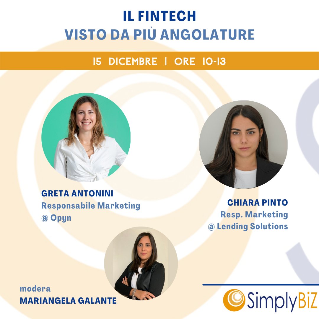 SimplyBiztweet's tweet photo. Vi aspettiamo il 15 dicembre con Greta Antonini e Chiara Pinto per parlare di #fintech

Sempre gratuitamente.

Obbligatorio registrarsi: https://t.co/NFS072hvE7

#formazioneprofessionale https://t.co/Q0bWUHvm9t