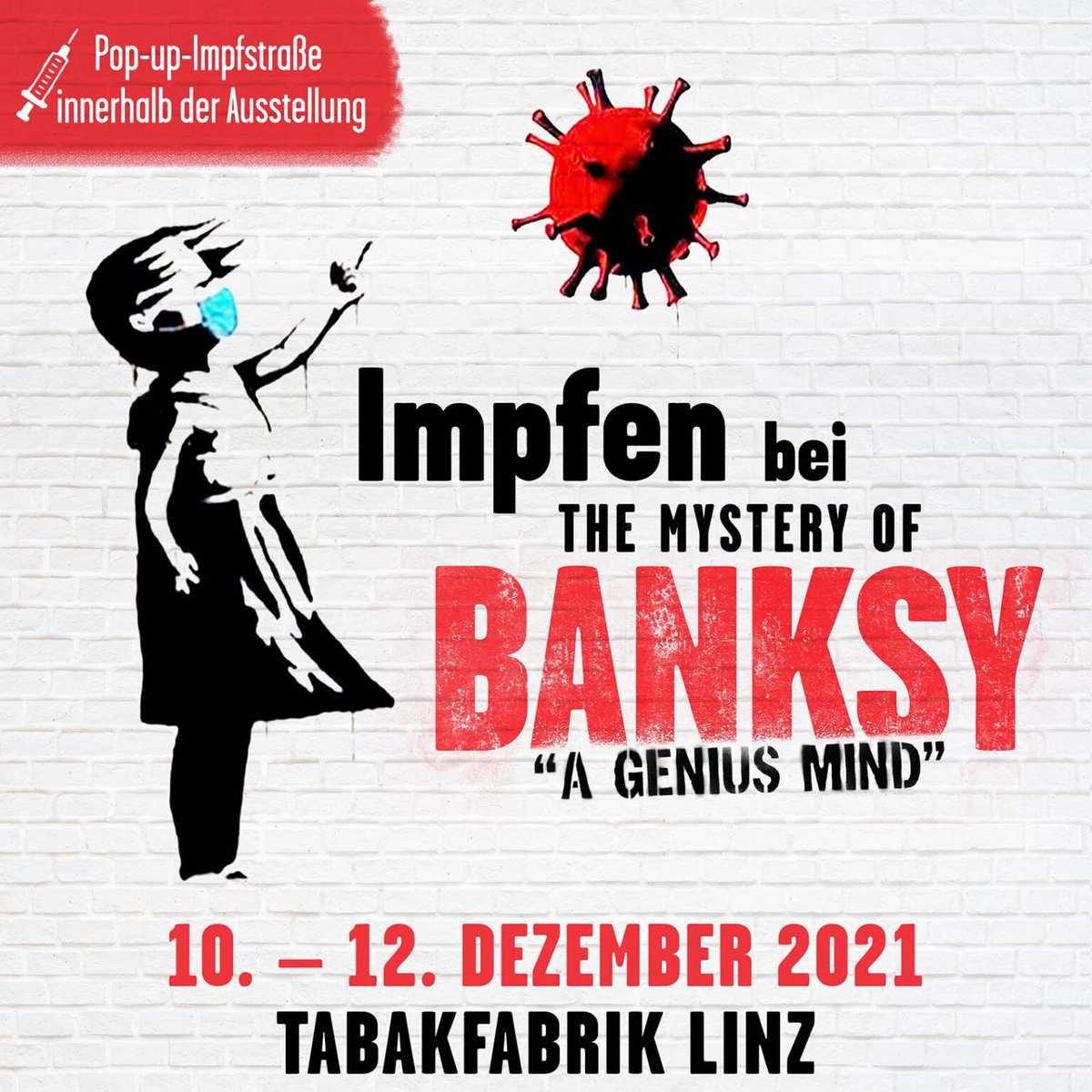 StadtLinz's tweet photo. Impfen bei Banksy 🤗
Pop-Up-Impfstraße dieses Wochenende (10. bis 12. Dezember) in der @tabakfabriklinz 🕔📌
Foto: COFO Entertainment GmbH &amp; Co. KG
https://t.co/X90hbeZpvb
#Linz #Soziales #Gesundheit #Corona #Schutz #Ausstellung #Tabakfabrik #Banksy #Kunst #Streetart https://t.co/pPb55z8NNy