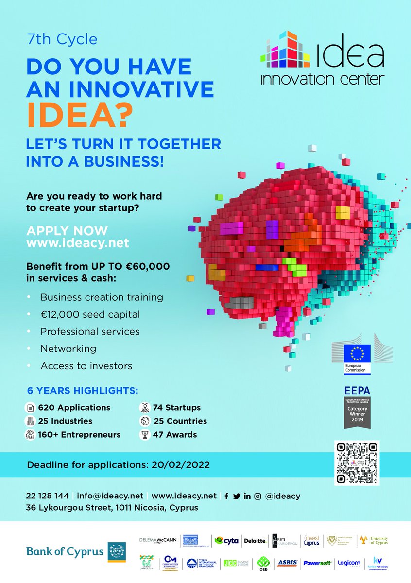 IDEA Innovation Center is accepting new applications for its 7th cycle of #startups!
If you have an innovative idea and you are ready to turn it into a business, then this is a good chance!
Criteria &amp; applications: ideacy.net/how-to-apply/.
Deadline: 20 February 2022