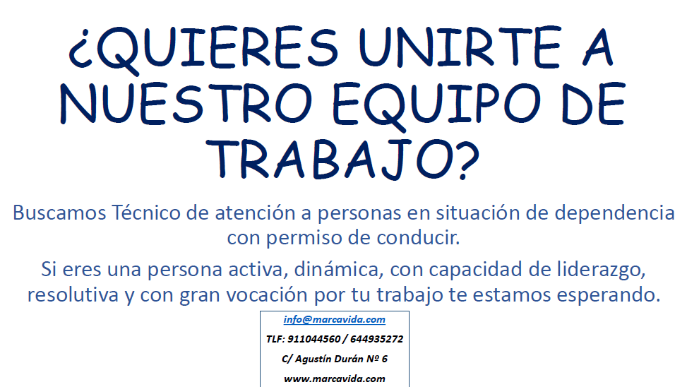 En <a href="/marcavida_CD/">MARCA VIDA</a> estamos buscando un #técnico de atención a personas en situación de #dependencia con permiso de conducir
#ofertalaboral #ofertatrabajo #permisoconducir #barriosalamanca #guidalera #madrid