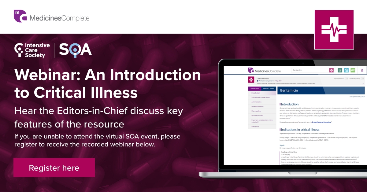 PharmPress's tweet image. Missed the webinar ‘Introduction to Critical Illness’ during #SOA2021?  Presented by the Editors-in-Chief, hear how the indispensable resource helps to guide the most effective treatment for adult patients in intensive care. 
Watch here: ow.ly/cEkE50H4fJE