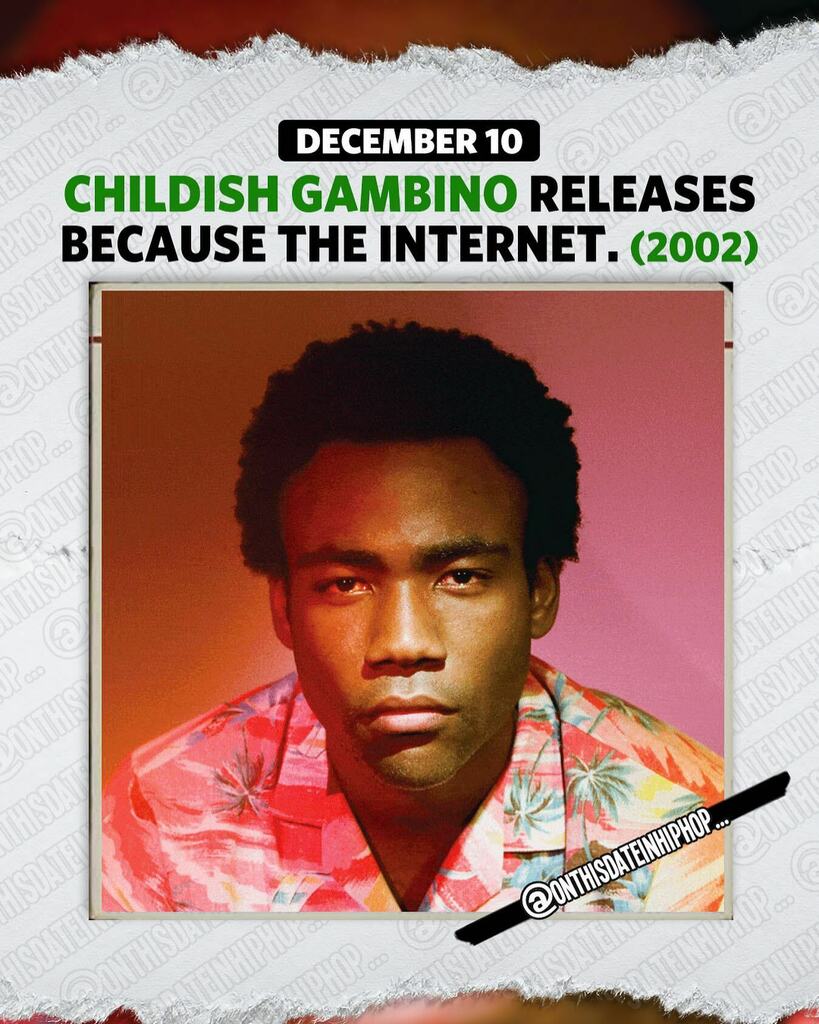 bleepthabastard's tweet photo. #OnThisDateInHipHop, @ChildishGambino released his sophomore album #BecauseTheInternet on #GlassNote. Led by #3005, #Crawl and #Sweatpants, #ChildishGambino's GOLD album would peak at 7 on the #2pac 200. #NoTypo.
Support @OnThisDateInHipHop with a like … https://t.co/59wj64qZ3f https://t.co/TpD1ZkJTAc