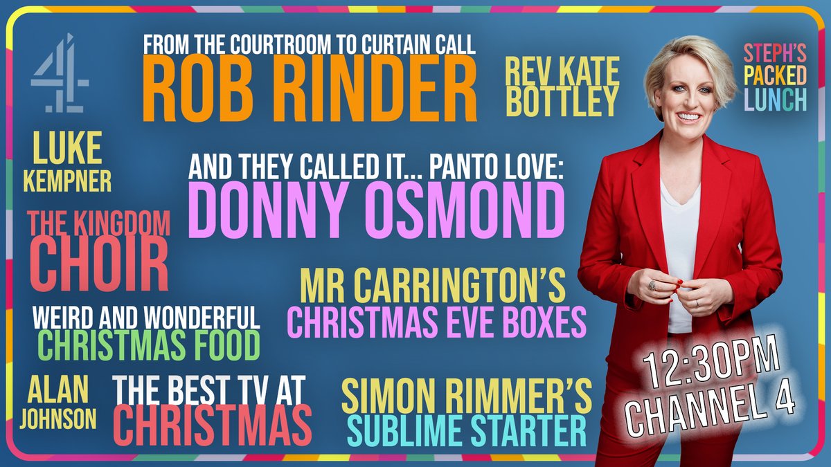 PackedLunchC4's tweet photo. On your last #StephsPackedLunch of 2021 😭
👨‍⚖️ Rob Rinder's stage debut
🎤 Donny Osmond's Palladium Panto Production
🎄 The best of what's on the xmas tellybox 
🎁 Mr C's Christmas goodies
🍕 We try the weirdest Christmas food so you don't have to!
📺 PLUS MUCH MORE 12:30pm C4 https://t.co/YdR69xxgJi