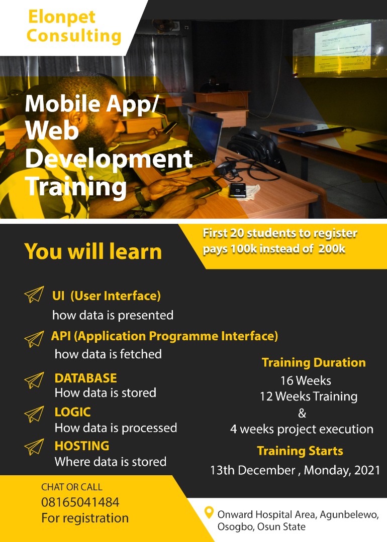 UrFavoriteDev's tweet photo. You too can start your journey as a mobile app developer, there's difference between learning online and you having opportunity to learn one on one in a physical class, get in touch now to register, class starts 13th December. 
Location is in Osogbo.
#OsogboDev #OsogboDeveloper https://t.co/JKLfsU6InV