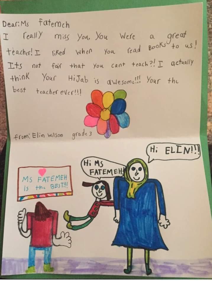 2waheedkhan's tweet photo. Third grade student Elin Wilson drew this card for her teacher Fatemah Anvari after she lost her position because of #Bill21. #bill21mustgo #StandUp4HumanRight
#Islamophobiaisreal #IHRD2021 #IHRD https://t.co/6i5qdR2Bra