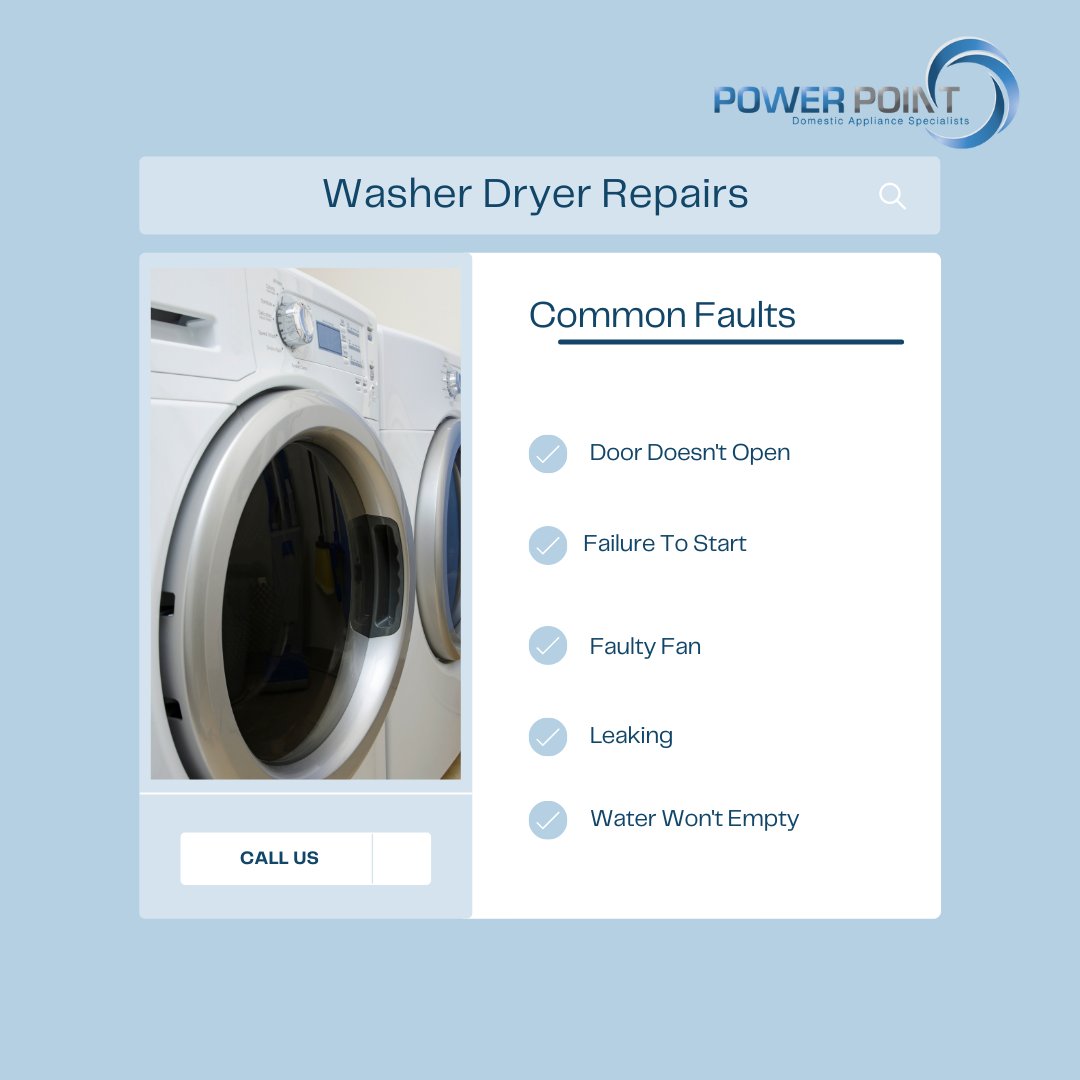 PowerPointGlos's tweet photo. Noticed any of these faults with your washer dryer?

Not to worry! Power Point are your local team of experts that can deal with your appliance repairs quickly and efficiently at a time that suits you.

Whatever the repair problem is with your washer dryer, we are here to help! https://t.co/wFE4IqXh5J