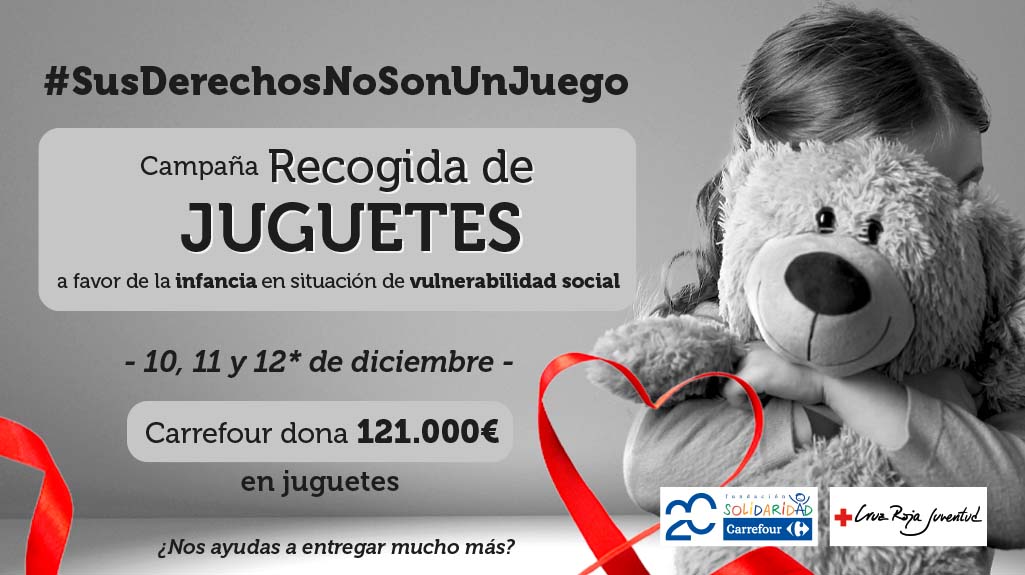 CarrefourES's tweet photo. ¡Comienza nuestra campaña de donación de juguetes a favor de @CruzRojaEsp en beneficio de la #infancia en riesgo social! Nosotrxs donamos 121.000€ en juguetes pero con tu ayuda podemos hacer más ¿Te sumas? Del 10 al 11 dic en nuestros hipermercados #FundacionSolidaridadCarrefour https://t.co/0SA13FjnF5
