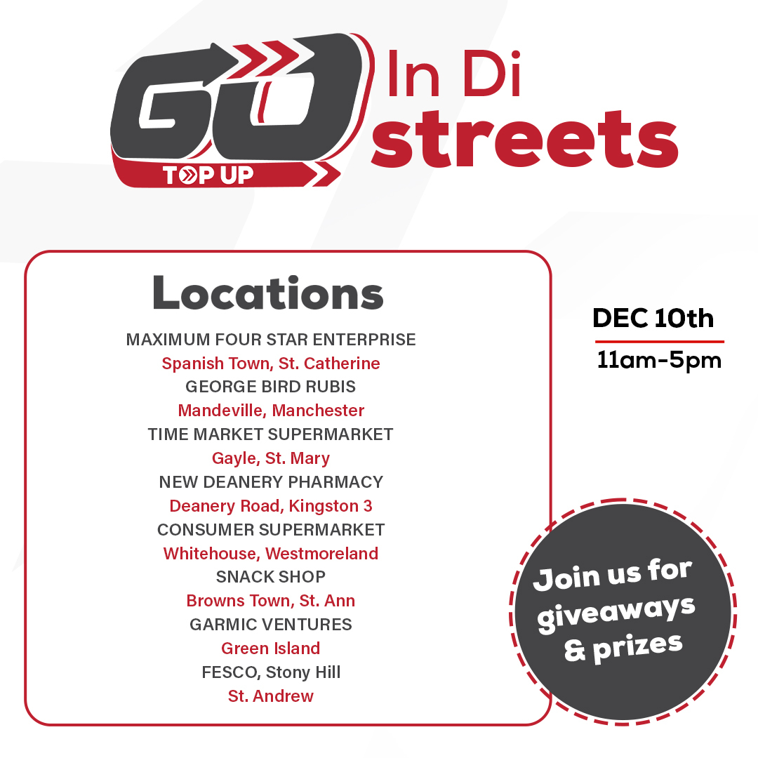 GO_TOPUPJA's tweet photo. Jamaica is a Go country and the GO Top Up team will be back on the streets once again, this Friday. Come and join us for prizes and giveaways. Meet us on the road and let us have some fun ! Check out the locations and be sure to Top up.

#GoTop #Jamaica #GiveAways #Prizes #Go https://t.co/G1EYwpASbr