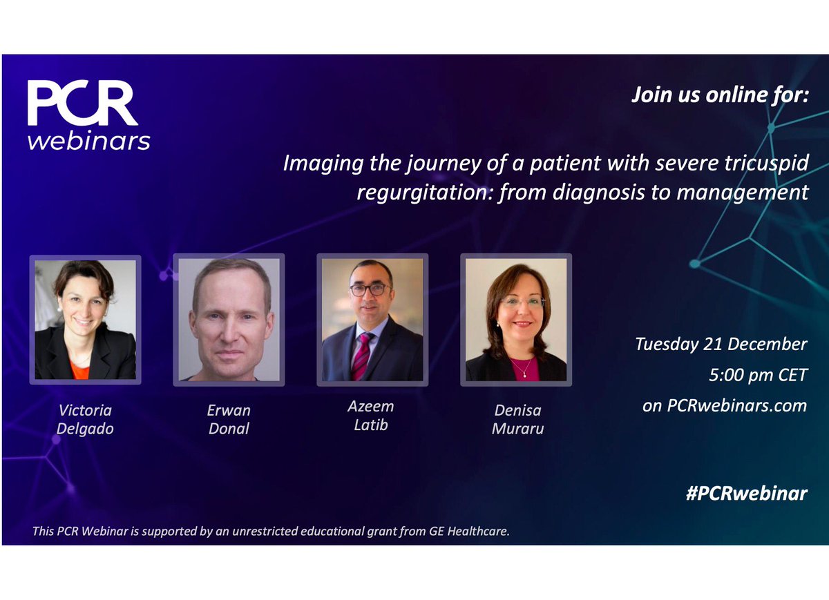 Imaging the journey of a patient with severe tricuspid regurgitation: from diagnosis to management. 
Chairperson: <a href="/VDelgadoGarcia/">Victoria Delgado</a> 
Presenters: <a href="/denisamuraru/">Denisa Muraru</a> <a href="/DonalErwan/">Donal</a> <a href="/azeemlatib/">Azeem Latib</a> 
Tuesday 21 December, 5:00 pm CET on PCRwebinars.com 
#PCRTricuspid #CardioTwitter