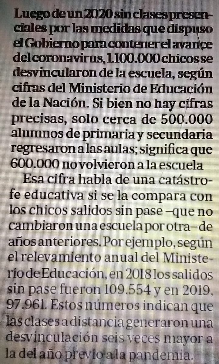 narodowski's tweet photo. Lean los 2 primeros párrafos de la nota: 

O estamos frente a una catástrofe educacional inédita. 
O las cifras oficiales están mal y la situación no es tan mala.

Como sea, que no esté en las tapas de diarios y portales habla de negacionismo educativo

https://t.co/hW5yQPDY7j https://t.co/HBP6Dkshoq