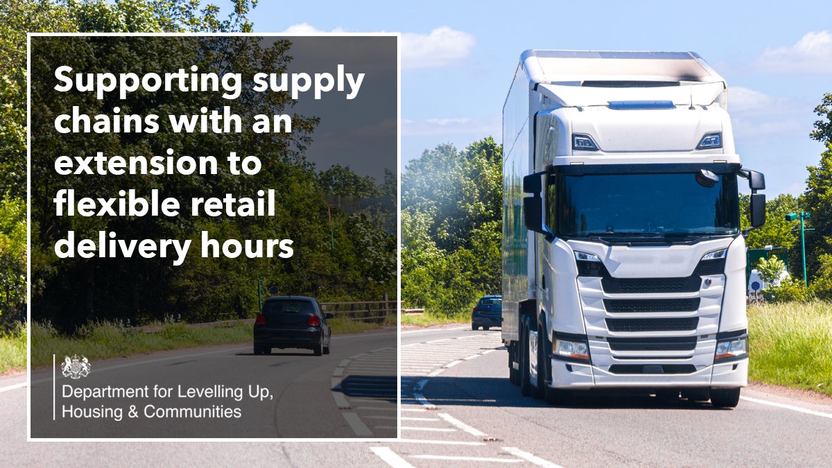 mhclg's tweet image. Flexible retail delivery hours have been extended until next year and will now cover all goods.

As we approach Christmas this ensures supply chains can run smoothly and everyone can buy the things they need.

Read more ➡ gov.uk/government/new…