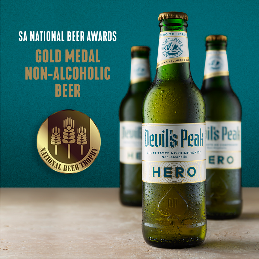 DevilsPeakBeer's tweet photo. This is Non-alc beer that's BEER and The #SANationalBeerTrophy Awards Confirmed it! Our Limited Release #HeroIntotheMountains #NonalcIPA bringing home the Trophy for the #BestNonalcbeer. and our #DevilsPeakHero #NonalcBeer scoring a gold! #SANBT2021 https://t.co/ufD3iqXfVa