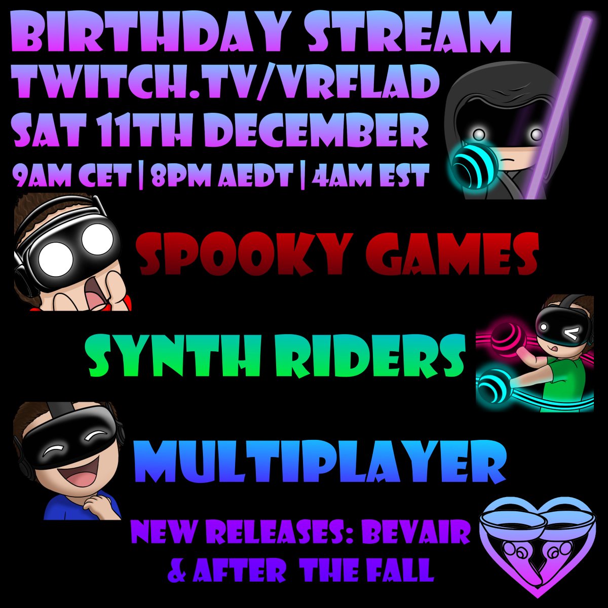 VRFlad's tweet photo. Birthday stream is now LIVE! Come join the giveaway for the pre-configured @streamerdotbot , to play some multiplayer @synthridersvr and @GolfWYF with me and to see if we can smash the awesome charity community challenges to unlock a bonus donation! https://t.co/VuH0Zc6Ray https://t.co/RMuWQ9n9lr