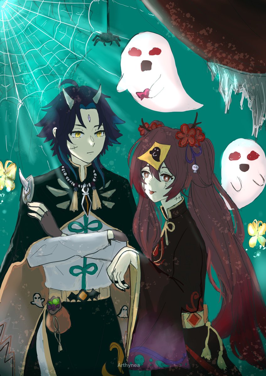 arthynea's tweet photo. Xiao &amp; Hu tao 👻

(Finished this before Halloween but didn’t feel like to post in this acc;-;) https://t.co/5JhwAja0mj