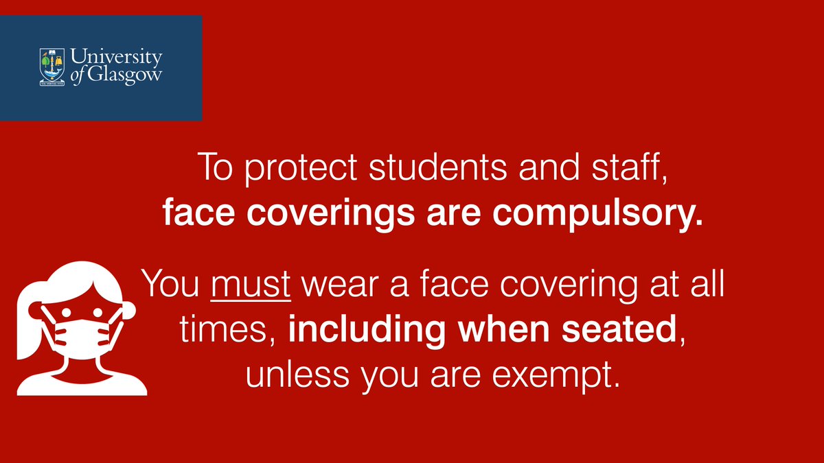 uofglibrary's tweet photo. ⚠️ Face coverings are compulsory in Libraries and study spaces. 

To protect our students and staff, you must wear a face covering at all times unless you are exempt. https://t.co/Y8ewzYEeAK