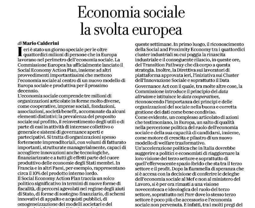 Molto bello questo articolo di <a href="/mariocalderini/">Mario Calderini</a> su <a href="/repubblica/">Repubblica</a> L'altra imprenditoria "Economia sociale la svolta europea" #daleggere  #socialeconomy. Dovremmo fare una riflessione sull'argomento <a href="/McGadda/">Maria Chiara Gadda 🇮🇹🇪🇺</a>  @stearduini <a href="/rbonacina/">riccardo bonacina</a>