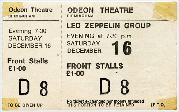 Ticket to see Led Zeppelin at the Odeon Theatre from 1972.