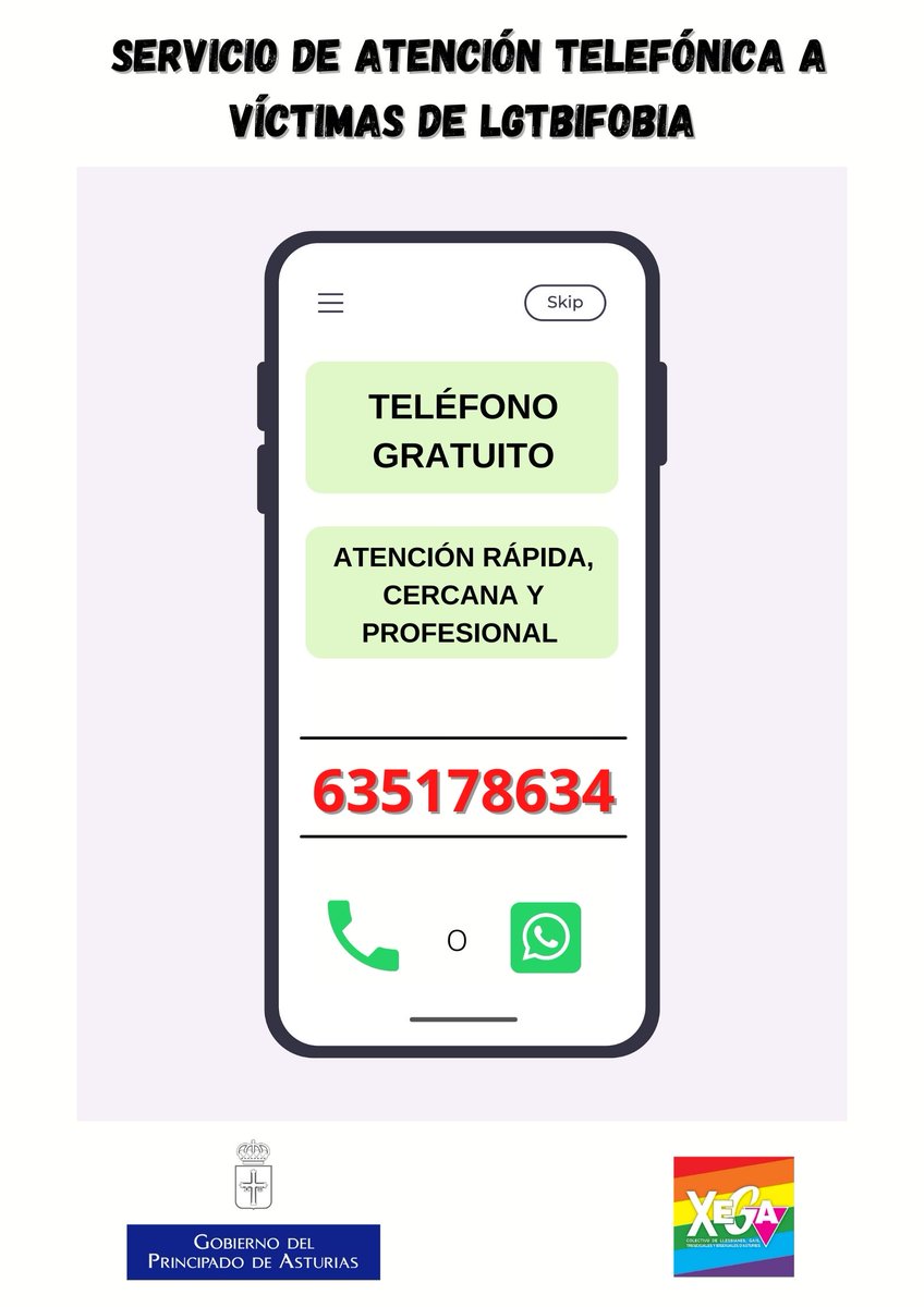 GobAsturias's tweet photo. ☎️ Teléfono gratuito para atender a las víctimas de la #LGTBIfobia
📞 635 178 634 
Operativo las 24 horas, todos los días del año, para llamada convencional y también por #whatsapp.
#AsturiesArguyuDeTí https://t.co/DU9x9eXX0Y