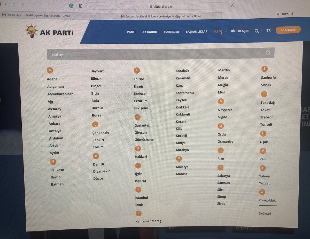 Ak Parti’nin resmi web sitesindeki iller listesinde 80 il var. Hatay yok.