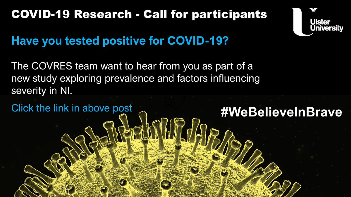 .<a href="/PersonalMedNI/">Personalised Medicine Centre</a> study callout📢
Are you in the Derry~Londonderry area and had a positive #COVID19 test within the last 30 days? Our researchers need you! 
Register: bit.ly/3aTvsL3
Email: d.mcdaid@ulster.ac.uk 
Please like &amp; share #LongCovid 
 
<a href="/C_TRIC/">C-TRIC</a>
 <a href="/WesternHSCTrust/">Western Trust</a>