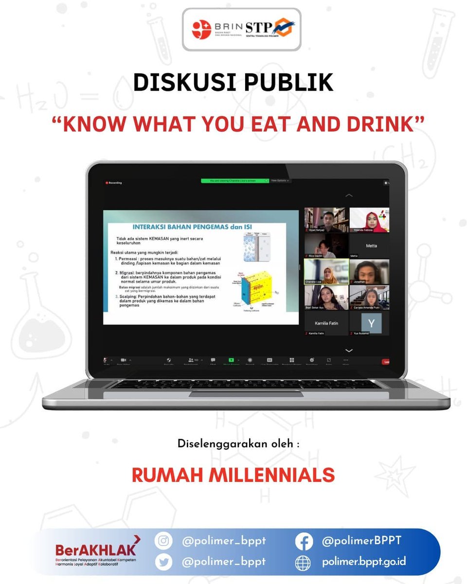 polimer_bppt's tweet photo. Sabtu, 4 Desember 2021 Kepala Kantor Balai teknologi Polimer Dr. Chandra Liza menjadi narasumber pada kegiatan Diskusi Publik yang diselenggarakan oleh Rumah Millennials secara daring.
Dengan tema “Know What You Eat and Drink”. https://t.co/QxE5LIjSo3