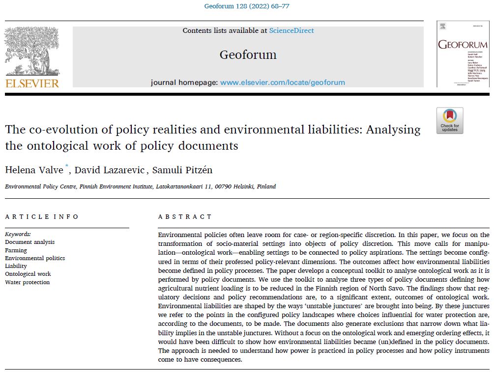 davelazarevic's tweet photo. Interested in finding out how policy documents come to define and dilute environmental liabilities? Here's a paper on the ontological work performed by policy documents for water management in Finland.
https://t.co/jThdjJuayM
@SYKEint @blueadapt #sykepublication https://t.co/ERgSDHSmUw