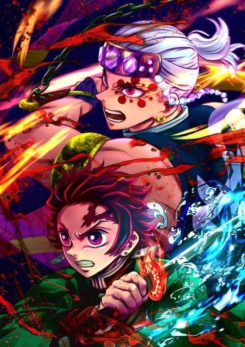 「燃える華のように闇魔を照らして」
受け継いだ燃える心を刃(鍔)に灯して、守れなかった煉獄さんの背中を、今度は炭治郎が宇髄さんと背中を預けて戦い抜ける、そんなイメージで描きました。

#残響散歌 #鬼滅の刃遊郭編
#鬼滅の刃イラスト #鬼滅の刃ファンアート #宇髄天元 #炭治郎 