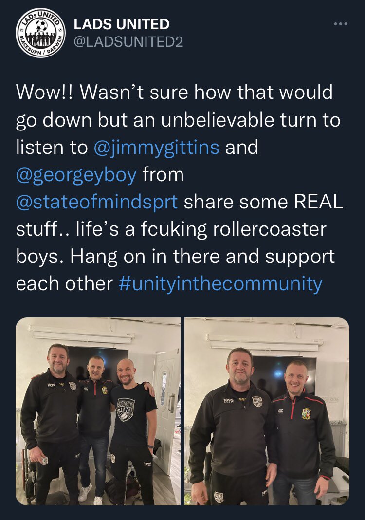 Thank you so much to <a href="/Mill_HillSP/">Mill Hill St Peter's FC 🔰</a> and the <a href="/LADSUNITED2/">LADS UNITED</a> team for the invitation to speak with <a href="/jimmygittins/">jimmy gittins</a> on behalf of <a href="/stateofmindsprt/">State of Mind</a> in Blackburn last night. 

Great engagement in tackling the tough stuff on suicide prevention and  we were blown away by the reaction ❤️🧠⚽️