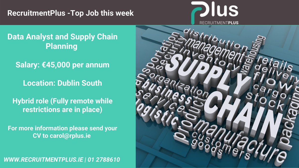 RPlusStillorgan's tweet photo. This week's Top Job this week from RecruitmentPlus!

Data Analyst and Supply Chain Planning. 
Location: Dublin South
Salary: €45,000 per annum.

Contact Carol carol@rplus.ie

#job #DataAnalyst #SupplyChain #rplus https://t.co/c1lzrSdSBZ