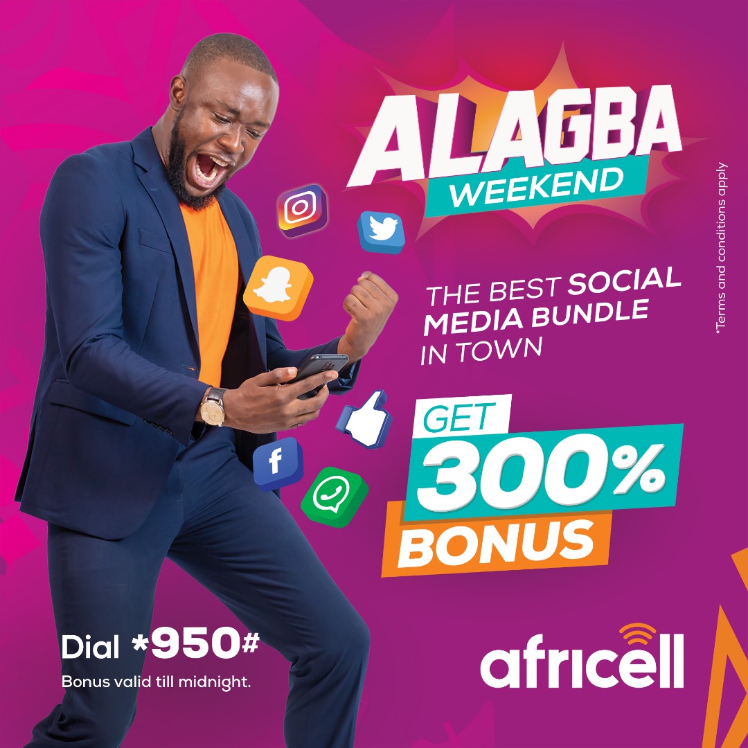 AfricellSalone's tweet photo. It's Friday❗ Unwind with our #AlagbaWeekend Social Media Bundle🤩.

Get 300% Bonus 🎁whenever you subscribe to any of our Social Media Bundles👌🏾.

Dial *950# and follow the instructions 📲.

Terms &amp; Conditions Apply 🙏🏾.

#AlagbaNetwork
#AfricellSL
#SaloneTwitter https://t.co/6rxykUIDwS