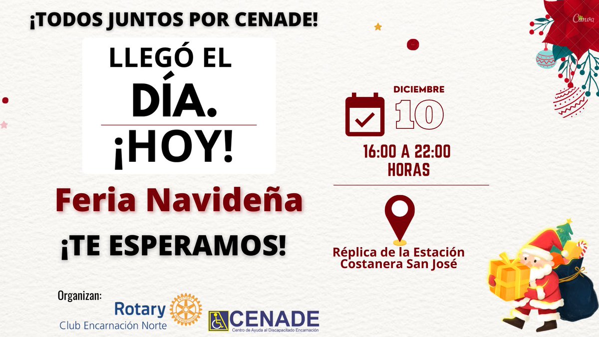 TCenade's tweet photo. ¡HOY TODOS JUNTOS POR CENADE! 
🎄Feria Navideña🎄
Les esperamos hoy desde las 16:00hs, en la 𝑹𝒆́𝒑𝒍𝒊𝒄𝒂 𝒅𝒆 𝒍𝒂 𝑬𝒔𝒕𝒂𝒄𝒊𝒐́𝒏, 𝑪𝒐𝒔𝒕𝒂𝒏𝒆𝒓𝒂 𝑺𝒂𝒏 𝑱𝒐𝒔𝒆́. 
Hoy tu aporte, cambia vidas 🙏
Gracias a todos por sumarse ❤️ https://t.co/pslIXzm71N