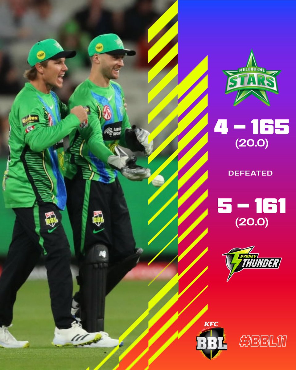 BBL's tweet photo. STARS WIN!!!

Adam Zampa holds his nerve, and the @StarsBBL have their first win of #BBL11 https://t.co/n8zAjMXNq2