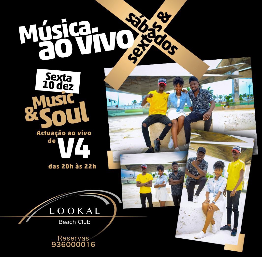 LookalC's tweet photo. Há música no Lookal

Sexta-feira 10 de Dezembro

Music &amp; Soul

Com a banda * V4 *

Faça uma viagem musical inesquecível.

Sábado 11 de Dezembro

O regresso de um dos grandes da música angolana

Nelo Carvalho

Reservas : 936 000 016 // 936 000 017
Patrocinador Oficial : SUPER BOCK https://t.co/w58w2IkiZx