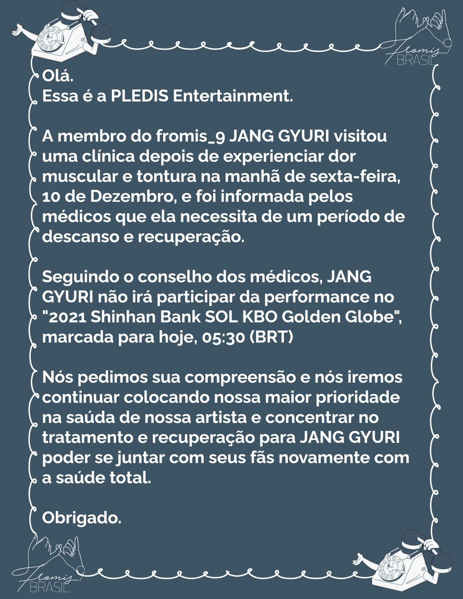 fromis_9br's tweet photo. [INFO] 21.12.10 - Informações sobre o cronograma de atividades de JANG GYURI.

"[...] JANG GYURI visitou uma clínica depois de experienciar dor muscular e tontura [...] e foi informada pelos médicos que ela necessita de um período de descanso e recuperação."

#GetWellSoonGyuri https://t.co/YASqId7gVM