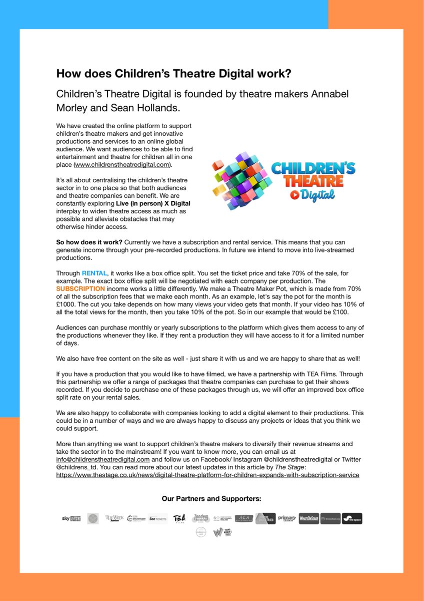 Lots of theatre makers ask us - how does CTD work? 

Got 3 mins? Have a read - get in touch! We'd love to hear from you. Digital is so key to our future successes with our live work, you can join us in making that happen. 

Please do share if you can! 

#theatre #theater #family