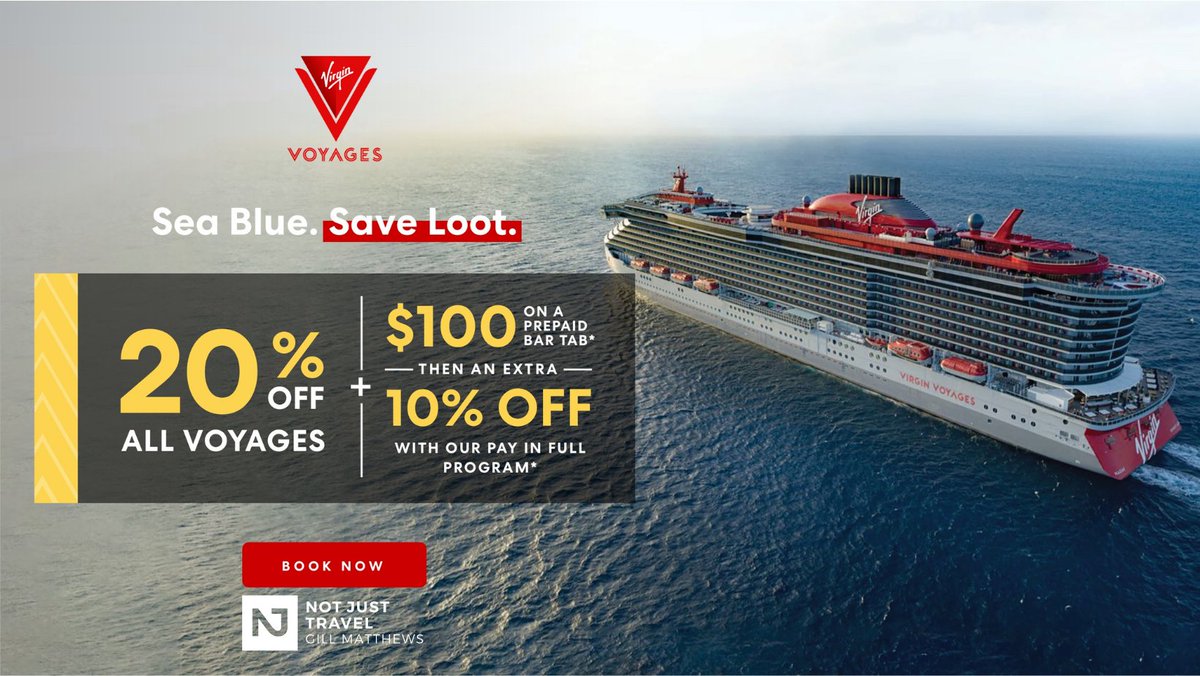 NotJustTravelGM's tweet photo. π»#VirginVoyages deal of the year (and next) is here! 20% off all voyages plus 10% pay in full discount and a bonus $100 on your prepaid bar tab. Contact for more info 07849 930430 π’βοΈπ¦ #firstmates #seacademy #scarletlady #valiantlady #resilientlady https://t.co/HsJ5L1kqr6