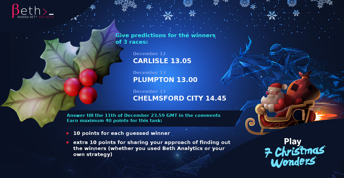 Hey! Ready for a more serious but even more exciting task? 🤗
Conduct your research, analyse trends and give predictions for the winners of 3 races using Beth Analytics! 
You can handle it! 💪
app.beth.bet/sp-analytics
#wannabet #askbeth #7christmaswonders #tournament