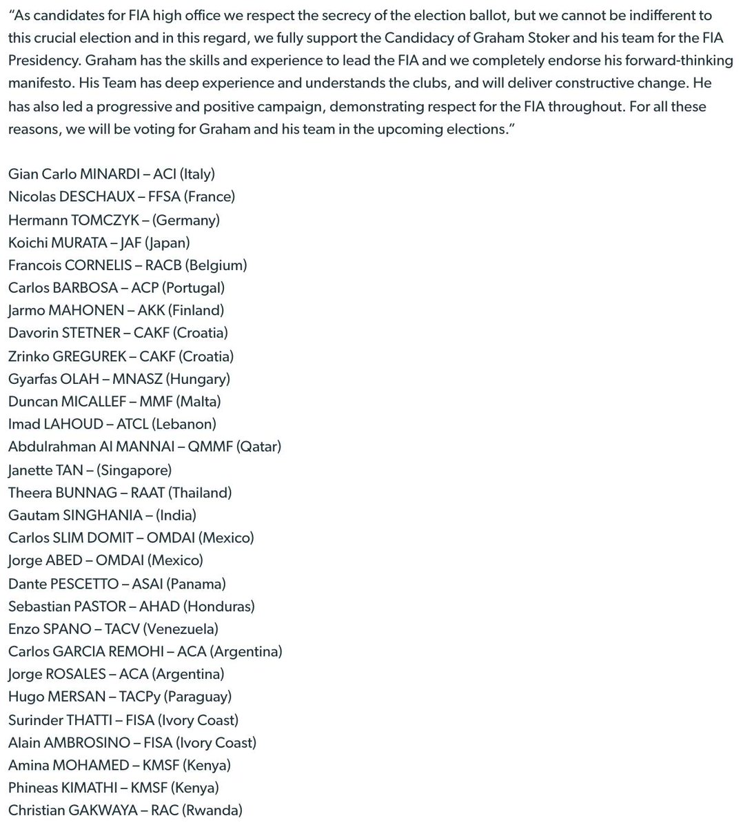 GrahamStoker21's tweet photo. Proud to receive this endorsement from so many FIA club leaders worldwide. And this is just an initial list - it is growing and there are many more to come #FIAforAll https://t.co/ehxlMneA97