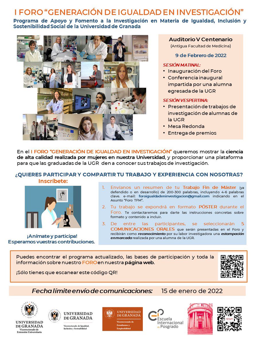 I Foro “GENERACIÓN DE IGUALDAD EN INVESTIGACIÓN” de la Universidad de Granada. Participa! #researchHER 
👩🏻‍🔬🔭🔬🧪🧫🧬⚗️👩🏻‍🔬