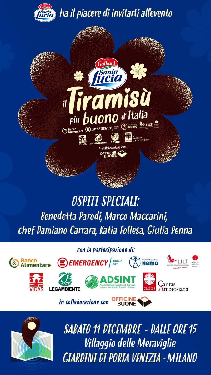 VidasPalliative's tweet photo. Domani, Sabato 11 Dicembre, insieme a Galbani, Le Ricette di Casa Mia, e ad altre 7 associazioni italiane, cucineremo il Tiramisù più Buono d’Italia.
Otto teglie per formare otto petali di un fiore, un unico evento in cui sostenere otto progetti di solidarietà.
@OfficineBuone https://t.co/Wsvv8Pru1x