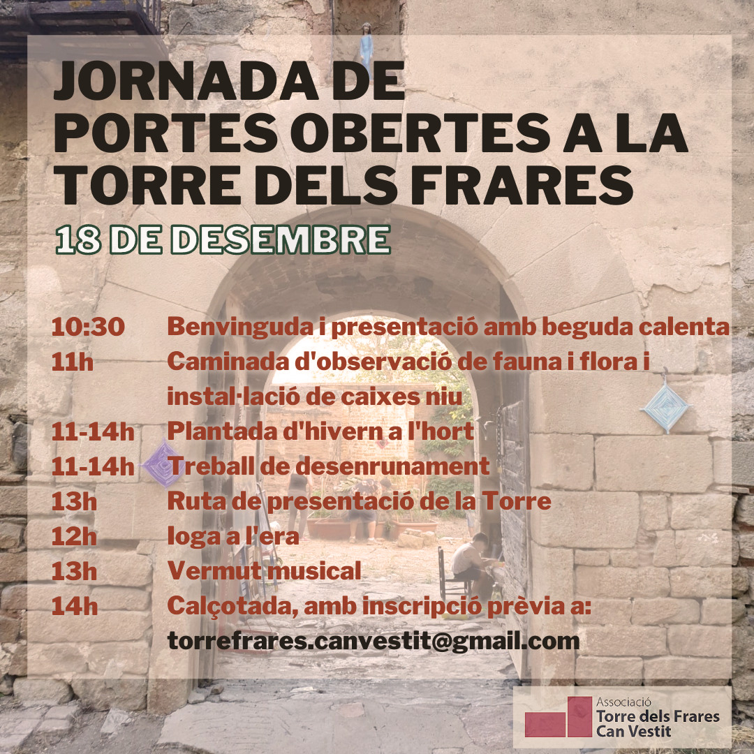 Us convidem a la 1ª Jornada de portes obertes de la Torre dels Frares!
Us esperem el pròxim dissabte 18 de Desembre amb molta il·lusió i ganes de fer créixer l'associació.
#montcadaireixac #portesobertes