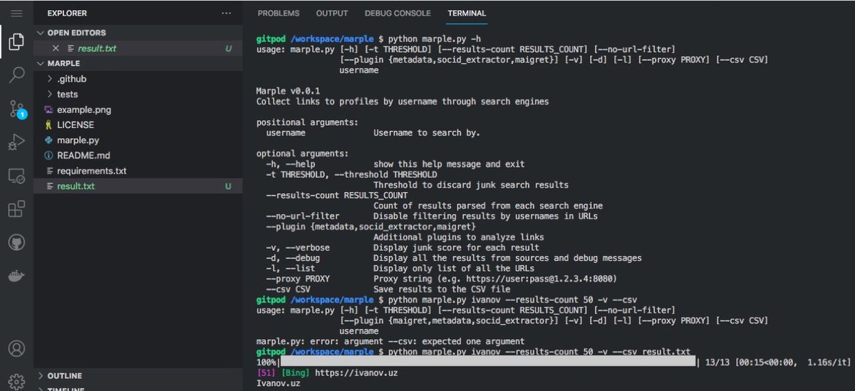 cyb_detective's tweet photo. MARPLE
Tool to collect links to profiles by username through search engines from @Sox0j (#ff). New in last release:
proxy support
export results to CSV
additional plugins for links analyze: metadata,maigret,socid_extractor
#osint #opensource #python
https://t.co/GVst7t4JJj https://t.co/1XniiQnOXM
