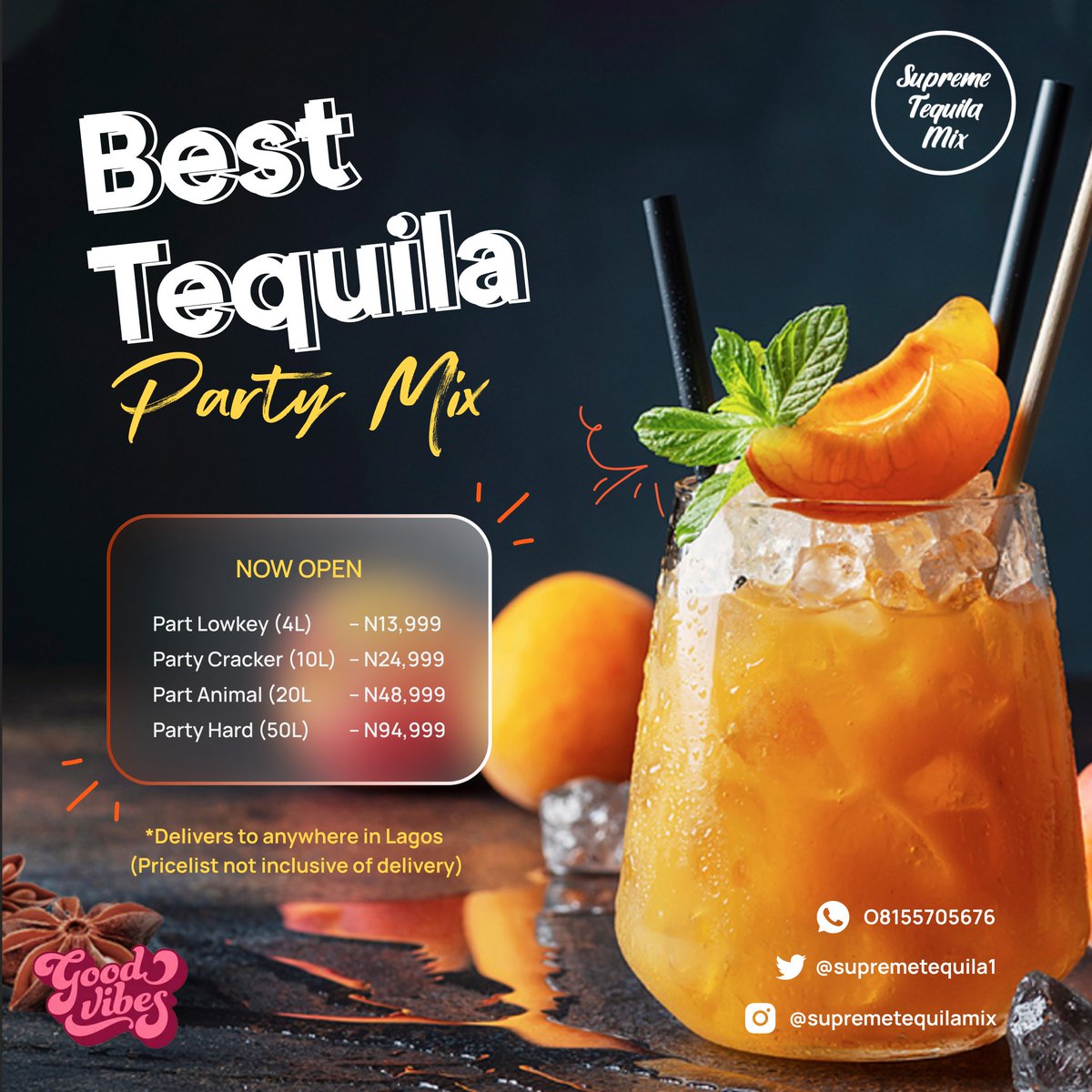supremetequila1's tweet photo. @Remmzor__ He sure does I bet they sipped a glass of Supreme Tequila Mix when they made this hit, you can have urs too
Tequila Range:
Party Lowkey (4Litres)   - N13,999
Party Cracker (10Litres) - N24,999
Party Animal  (20Litres)  - N48,999
Party Hard      (50Litres)  - N94,99
Order now
Falz https://t.co/UBtPCz9bMG