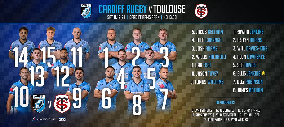 TEAM NEWS | Here is your Cardiff side to host <a href="/StadeToulousain/">Stade Toulousain</a> on Saturday.

<a href="/EllisJenkins_/">Ellis Jenkins</a> captains a side containing a mix of senior internationals, <a href="/Cardiff_Pathway/">Cardiff Rugby Age-Grade and Academy</a> and Premiership players as the <a href="/ChampionsCup/">Investec Champions Cup</a> holders visit on opening weekend.

🎟 eticketing.co.uk/cardiffrugby/