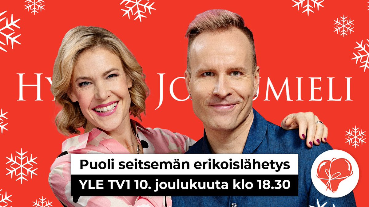 hyvajoulumieli's tweet photo. Tänään illalla luvassa Puoli seitsemän -ohjelman Hyvä Joulumieli -erikoislähetys. Klo 18.30-19.30 kannattaa siis olla tv:n ääressä. Ellan ja Mikon lisäksi mukana Paleface, Auli Viitala, Julia Thuren ja Tuure Boelius.

#HyväJoulumieli https://t.co/qznk2kxigZ